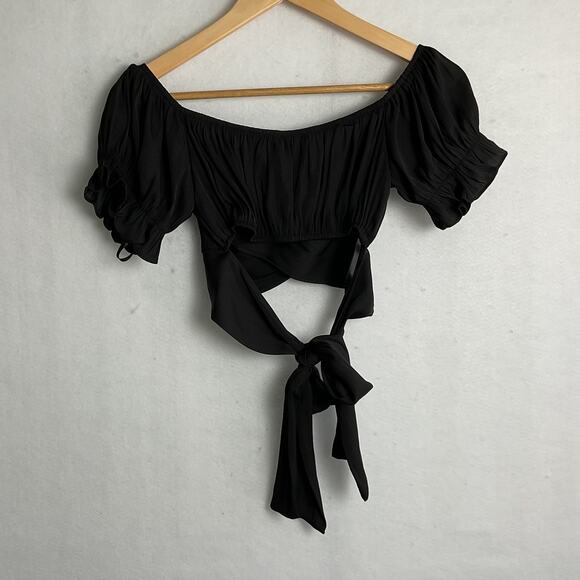 Hello Molly Womens Black Puff Sleeve Tie back Crop Top Small - Picture 4 of 5